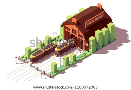 Vector isometric old tram depot and modern yellow tramcars or streetcars on the tramway