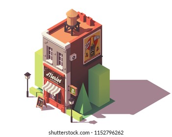 Vector isometric old wine shop or enoteca with signboard, awning and wine advertisement on the billboard
