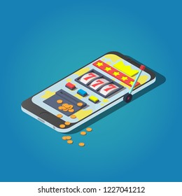 Vector isometric one armed bandit online concept. Online gambling icon.