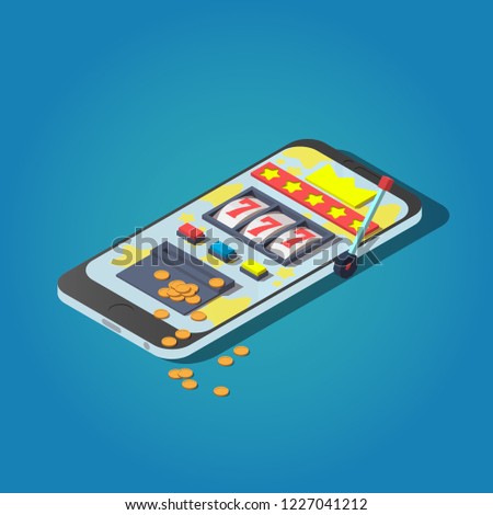 Vector isometric one armed bandit online concept. Online gambling icon.
