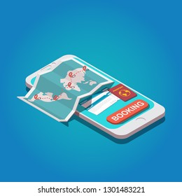 Vector isometric online booking concept. Smartphone with world map, passport and airline ticket. Hotel or travel online booking icon