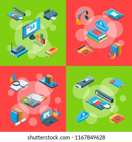 Vector isometric online education colored icons infographic concept illustration. Banner study collection