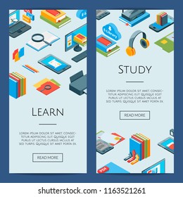 Vector isometric online education icons web banner study and learn templates illustration