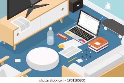 Vector isometric online exam concept illustration. Laptop on the floor of living room with books, notes, glasses, bottle of water, pencil, papers, candy bar and skateboard.