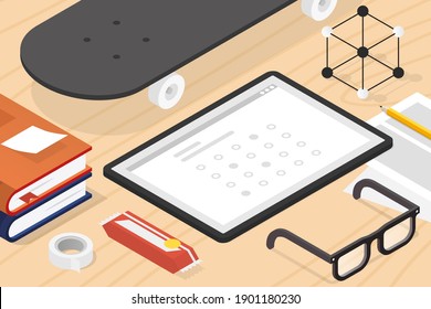 Vector isometric online exam concept illustration. Tablet, books with note, glasses, pencil, papers, candy bar and skateboard.