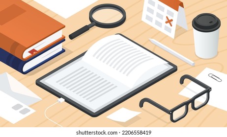 Vector isometric online library illustration. Tablet with flipping page, stack of books, eyeglasses, papers. Online reading, learning, researching, education and preparing for exam concept.