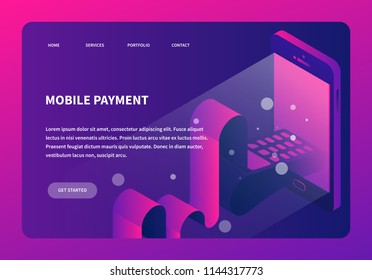 Vector isometric online payment concept illustration. Device with card terminal appearing through screen with card and long receipt. Neon futuristic style landing page..