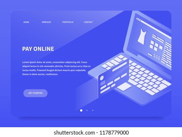 Vector isometric online payment illustration. Open laptop with online shop and credit card flying to pay the purchase. Landing page concept.