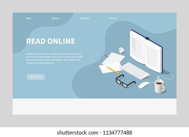 Vector isometric online reading concept illustration. Open book with computer keyboard, mouse, glasses papers, pencil and cup of coffee. Landing page.