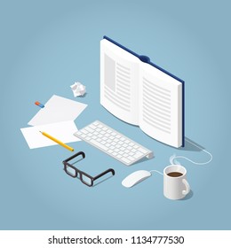 Vector isometric online reading concept illustration. Open book with computer keyboard, mouse, glasses papers, pencil and cup of coffee.