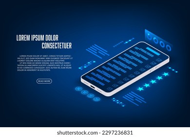 Vektor isometrisches Online-Servicekonzept mit mobiler, mobiler Web-Anwendung.