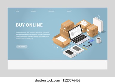 Vector isometric online shopping and delivery landing page illustration. laptop with order surrounded with cardboard boxes, shopping bag, unpacked tablet, glasses, cup, credit card, pencil and a cup.