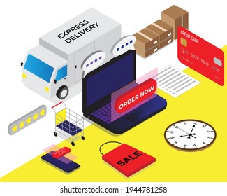 A vector of isometric online shopping with laptop, delivery truck, smartphone and fake credit card insight. Online shopping helps to generate millions of dollar every year.