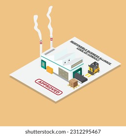 A vector of isometric operating factory comply with Responsible Business Alliance Code Of Conduct.