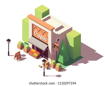 Vector isometric organic greengrocer or farm fruits and vegetables store with signboard and awning