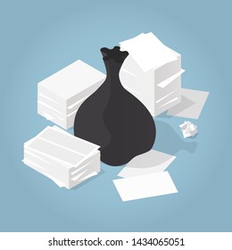 Vector Isometric Paper Trash Concept Illustration. Stacks Of Office Paper Around Black Plastic Trash Bag.