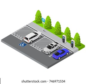Vector isometric parking lot and lot for handicapped persons.Isometric Cars in the parking lot.