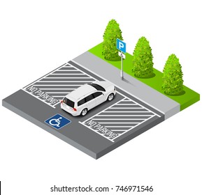 Vector isometric parking lot and lot for handicapped persons.Isometric Cars in the parking lot.