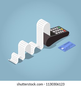 Vector isometric payment terminal concept illustration. Credit card machine printing large receipt with ceding card laying nearby.