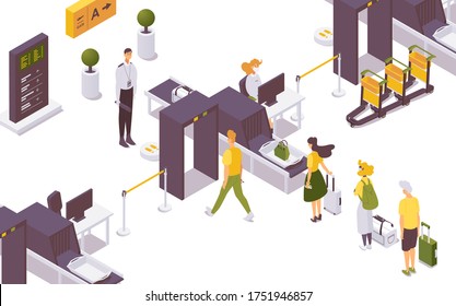 Vector isometric people at airport hand luggage security check counter.