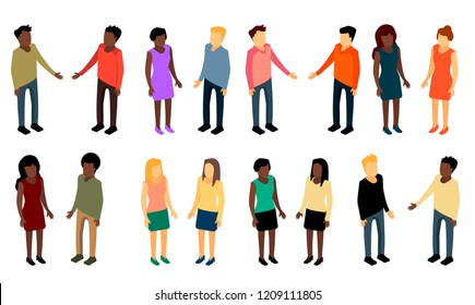 vector isometric people of different races hanging out toghether, having conversation, couples and friends