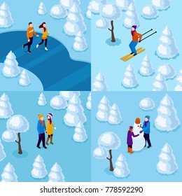 Vector isometric people set winter activities in snow forest skiing skating walking make snowman winter people