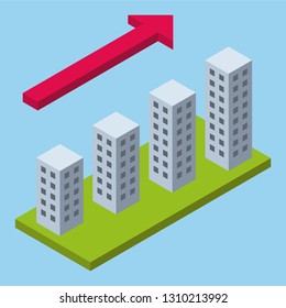 Vector Isometric Perspective Infographic Growing City Building Construction - Four Gray Skyscrapers With Red Arow