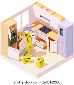 Vector isometric pest control worker spraying pesticides or insecticide on cabinet in kitchen room. Man in the protective workwear with sprayer. Pest exterminator at work