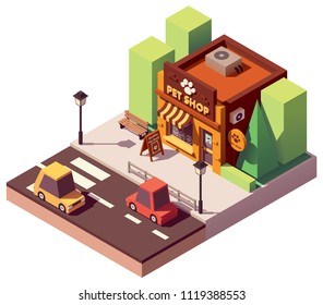 Vector isometric pet store with signboard and awning