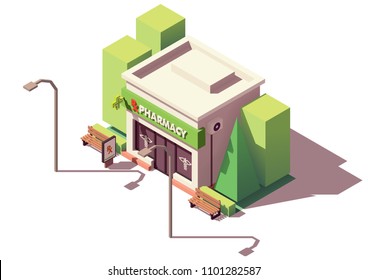 Vector isometric pharmacy store or drugstore building with neon sign