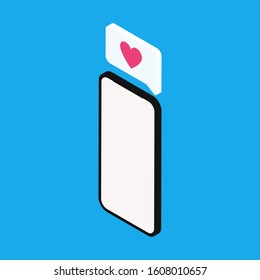 Vector isometric phone with like. Side view vector images isolated on blue background. Perspective view of mobile phone.