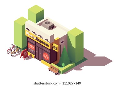 Vector isometric photo processing and printing shop building with photo studio