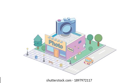 Vector isometric photo processing and printing shop building with photo studio. Isometric concept of office building