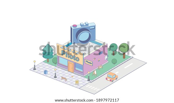 Vector\
isometric photo processing and printing shop building with photo\
studio. Isometric concept of office\
building