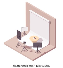 Vector isometric Photo studio cutaway icon. Illustration with camera, lights, backdrop and other equipment