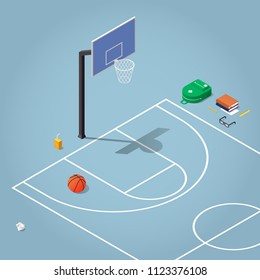 Vector isometric physical education illustration. Basketball court with hoop and ball, there are also school backpack, books, glasses, stationery and pack of juice. Sports after school concept.