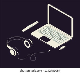 vector isometric picture of workspace include laptop , headphones , wathes, flash drive