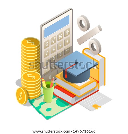 Vector isometric pile of books with graduation hat on dollar banknotes, calculator, stack of coins, percentage sign. Student loan interest rates concept.