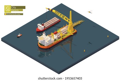Vector isometric pipe laying vessel. Pipe lay ship building subsea oil or gas pipeline. Big crane unloading barge with pipes