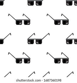 Vector Isometric Pixel Glasses Icon Isolated on White Background. Black Plastic Sunglasses. Seamless Pattern.