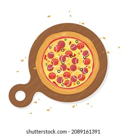 Vector isometric pizza with onion, cheese, basil, paprika, olive, wooden desk. Menu icon