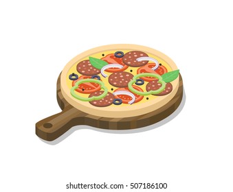 Vektorillustration isometrische Pizza mit Salami, Zwiebeln, Käse, Basilikum, Paprika, Oliven, Holzschreibtisch. Menüsymbol, italienische Küche, 3D-Flachlebensmitteldesign 