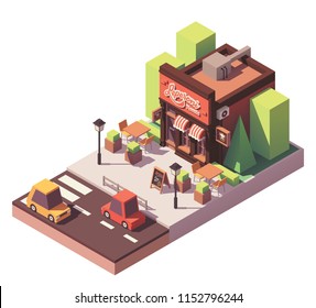 Vector isometric pizzeria building with signboard, awnings and outdoor tables