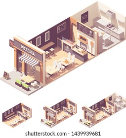 Vector isometric pizzeria or pizza and Italian food restaurant interior cross-section. Outdoor table, indoor hall with seats and counter, pizza wood fired oven, restaurant kitchen, blackboard menu