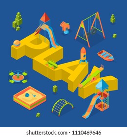 Vector isometric playground objects around word play concept illustration. Swing and sandbox, equipment for kids recreation