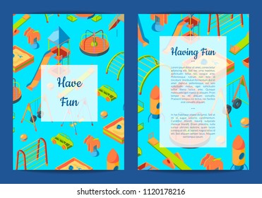 Vector isometric playground objects card, flyer or brochure template illustration