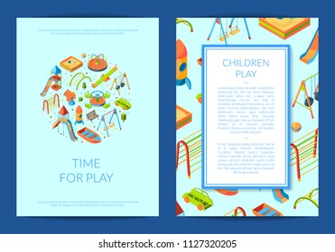 Vector isometric playground objects card, flyer or brochure template illustration