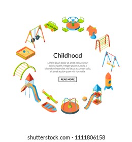 Vector isometric playground objects in circle form with place for text in center illustration