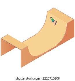 Vector isometric playground and skatepark. Modern colorful wooden children playground. Concrete and wooden skatepark for skateboarding. 