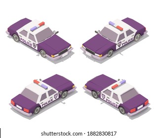 Vector isometric police car isolated on white background. Low poly car. Four side view. Grouped elements.